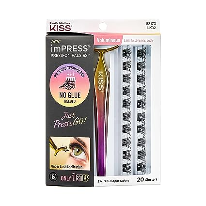 imPRESS KISS Falsies False Eyelashes, Lash Clusters, Voluminous', 14 mm, Includes 20 Clusters, 1 applicator, Contact Lens Friendly, Easy to Apply, Reusable Strip Lashes
