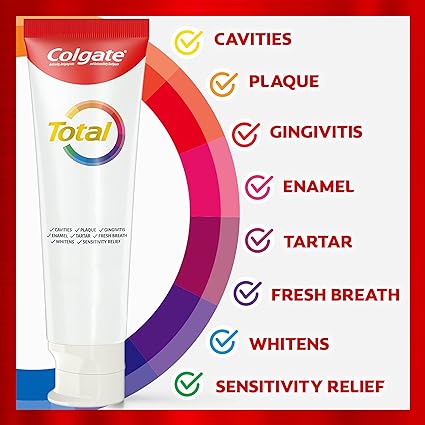 Colgate Total Whitening Toothpaste, 10 Benefits, No Trade-Offs, Freshens Breath, Whitens Teeth and Provides Sensitivity Relief, Mint Flavor, 4 Pack, 5.1 Oz Tubes