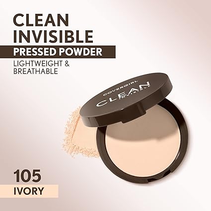 Covergirl Clean Invisible Pressed Powder, Lightweight, Breathable, Vegan Formula, Ivory 105, 0.38oz