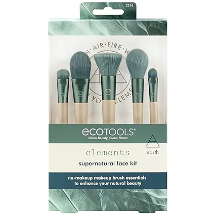 EcoTools Elements Super-Natural Face Makeup Brush Kit, For Foundation, Bronzer, Blush, & Eyeshadow, Works Best With Liquid, Cream, & Powder Products, Synthetic Bristles, 5 Piece Set