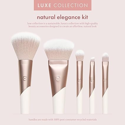 EcoTools Luxe Natural Elegance Professional Face Makeup & Foundation Brush Set, Premium Brush Kit For Face, Cheek, & Eye Makeup, Synthetic Makeup Brushes, Vegan & Cruelty-Free, 5 Piece Set