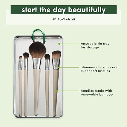 EcoTools Makeup Brush Set for Eyeshadow, Foundation, Blush, and Concealer with Bonus Storage Case, Start the Day Beautifully, Travel Friendly, 6 Piece Set