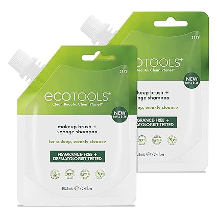 EcoTools Makeup Brush and Blending Sponge Shampoo, Removes Dirt, Makeup & Impurities From Brushes & Sponges, Travel Sized, Perfect For On The Go, Hypoallergenic, 3.4 fl.oz
