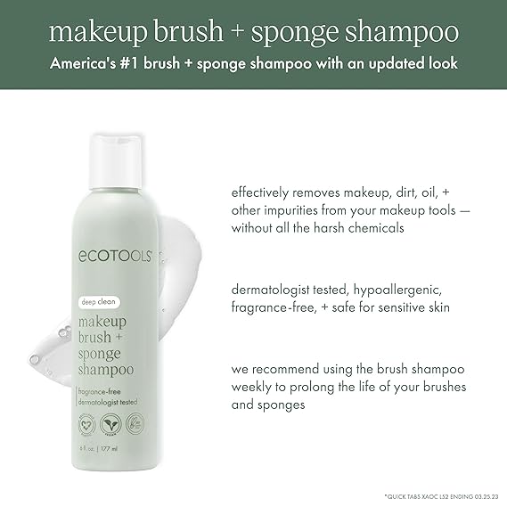 EcoTools Makeup Brush and Sponge Shampoo, Removes Makeup, Dirt, & Impurities From Makeup Brushes & Sponges, Fragrance-Free, Vegan, & Cruelty-Free, 6 fl.oz. 177 ml, Packaging May Vary, 2 Count