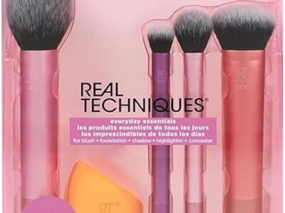 Everyday Essentials + Sponge Kit, Makeup Brushes & Makeup Blending Sponge Set, For Foundation, Blush, Bronzer, Eyeshadow, & Powder, Vegan Synthetic Bristles, 5 Piece Set