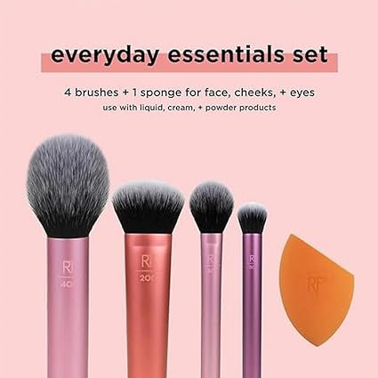 Everyday Essentials + Sponge Kit, Makeup Brushes & Makeup Blending Sponge Set, For Foundation, Blush, Bronzer, Eyeshadow, & Powder, Vegan Synthetic Bristles, 5 Piece Set