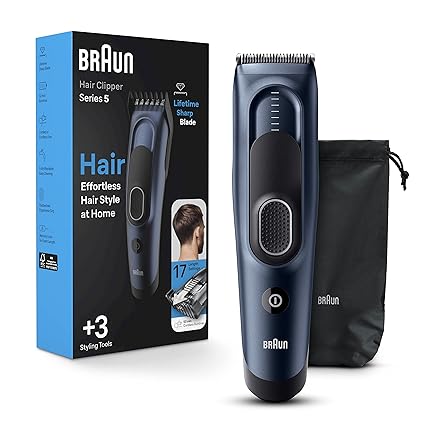 Braun Hair Clippers Series 5 5350, Hair Clippers for Men, Hair Clip from Home with 17 Length Settings, Incl. Memory SafetyLock Recall Setting, Ultra-Sharp Blades, 2 Combs, Pouch, Washable