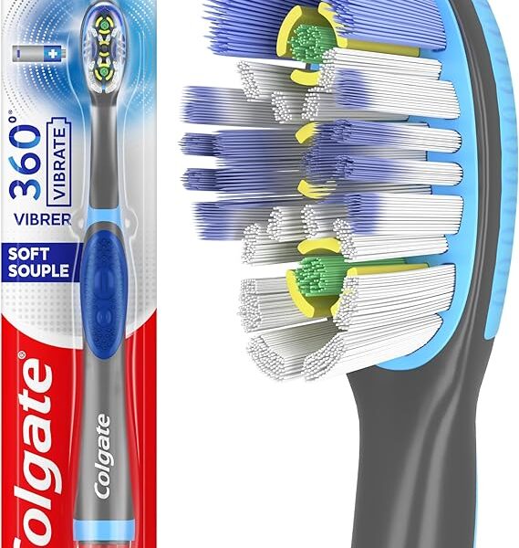 Colgate 360 Sonic Battery Power Electric Toothbrush with Floss-Tip Bristles & Tongue and Cheek Cleaner, Soft - 1 Count, Color May Vary