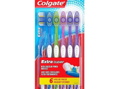 Colgate Extra Clean Medium Toothbrush, Adult Medium Bristle Toothbrushes with Ergonomic Handle and Circular Cleaning Bristles, Helps Remove Surface Stains, 6 Count (Pack of 1), Multicolored