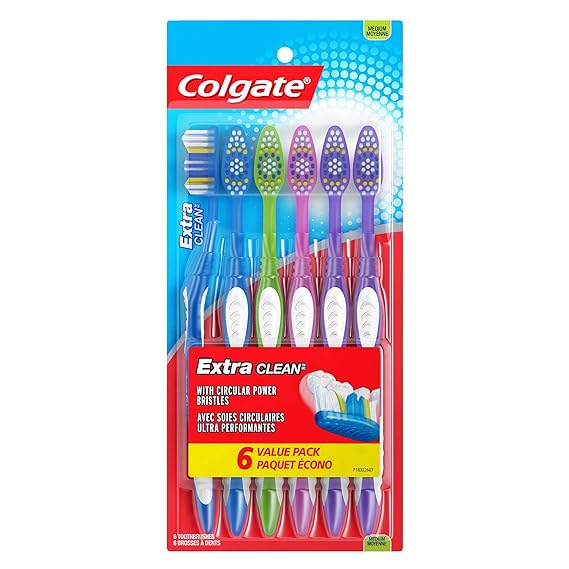 Colgate Extra Clean Medium Toothbrush, Adult Medium Bristle Toothbrushes with Ergonomic Handle and Circular Cleaning Bristles, Helps Remove Surface Stains, 6 Count (Pack of 1), Multicolored