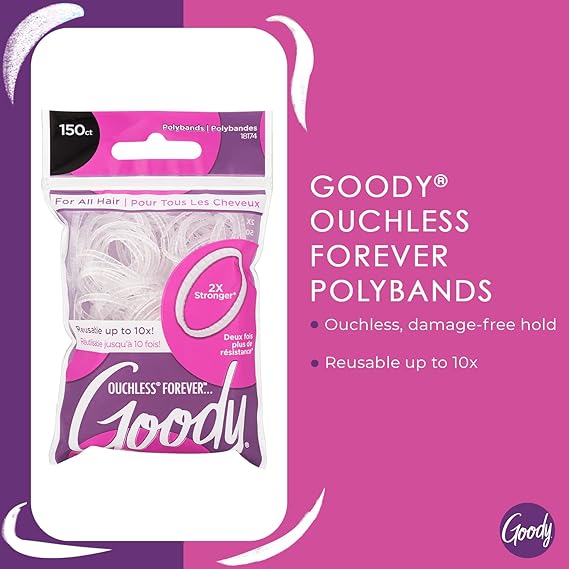 Goody Ouchless Womens Polyband Elastic Hair Tie - 150 Count, Clear - Fine Hair - Hair Accessories to Style With Ease and Keep Your Hair Secured - Perfect for Fun and Unique Hairstyles - Pain-Free