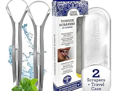 GuruNanda Tongue Scraper Spon Shaped with Travel Case, 304 Medical-Grade 100% Stainless Steel, Aids in Fresh Breath & Oral Care - 2 Count (Pack of 1)