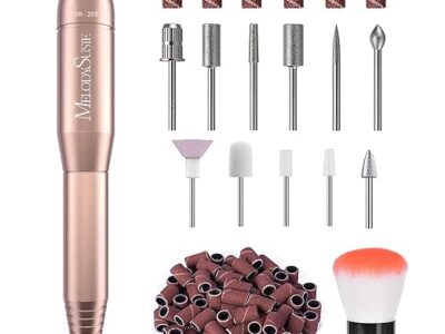 MelodySusie Electric Nail Drill Machine 11 in 1 Kit,PC120I Portable Electric Nail File Efile Set for Acrylic Gel Nails, Manicure Pedicure Tool with Nail Drill Bits Sanding Bands Dust Brush, Gold
